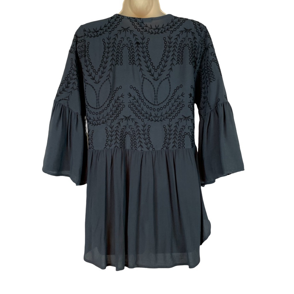 Flowers Of Romance Womens Blouse Black Bell Sleeve V Neck Tassel Embroidered XS - Picture 2 of 9